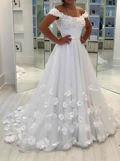 Tulle Off-the-shoulder A-line Sweep Train Flower(s) Wedding Dresses #UKM00024246