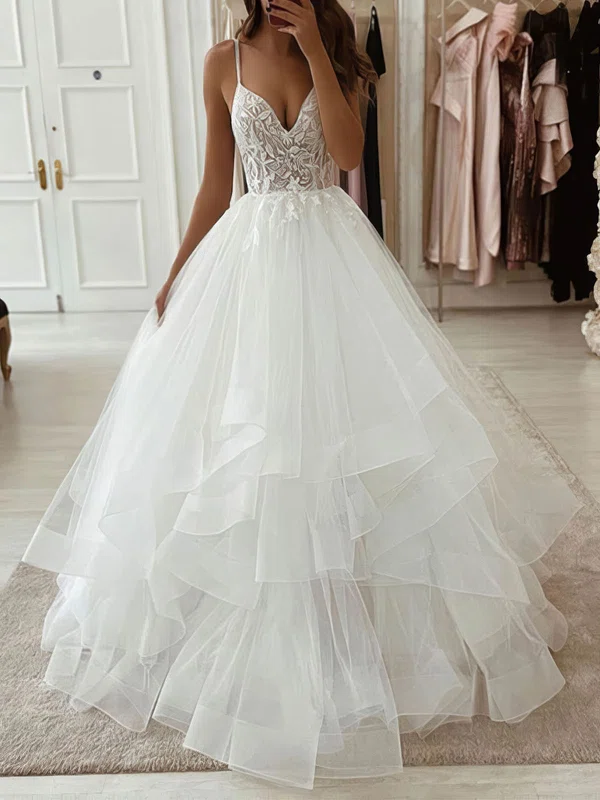 Ball Gown/Princess V-neck Tulle Sweep Train Appliques Lace Wedding Dresses #UKM00024248