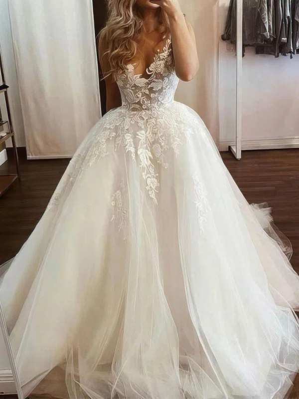 Ball Gown V-neck Tulle Sweep Train Wedding Dresses With Appliques Lace #UKM00024249