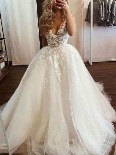 Tulle V-neck A-line Sweep Train Appliques Lace Wedding Dresses #UKM00024249