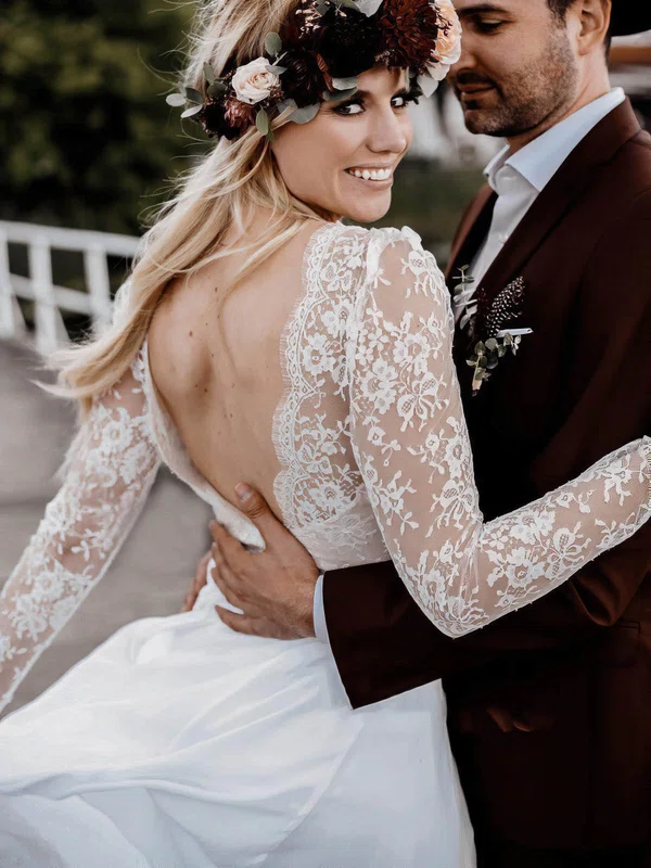 A-line V-neck Chiffon Sweep Train Wedding Dresses With Lace #UKM00024251