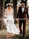 Chiffon V-neck A-line Sweep Train Lace Wedding Dresses #UKM00024251