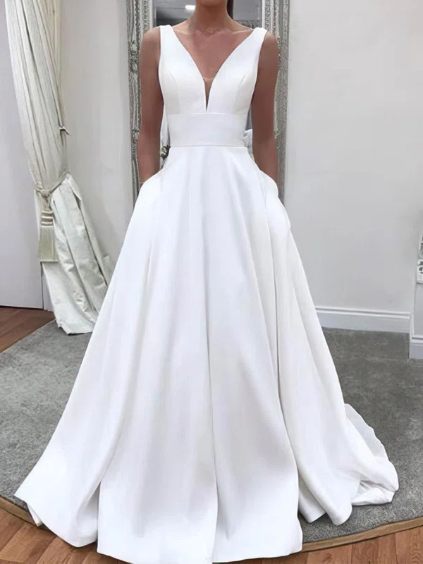 Ball Gown V-neck Satin Sweep Train Wedding Dresses With Pockets #UKM00024253