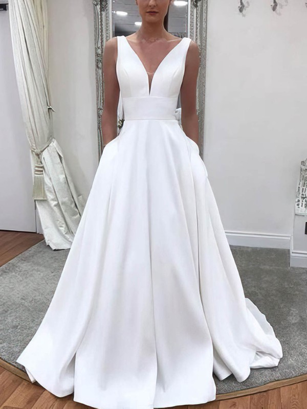 V neck a hot sale line satin wedding dress