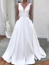 Ball Gown V-neck Satin Sweep Train Wedding Dresses With Pockets #UKM00024253