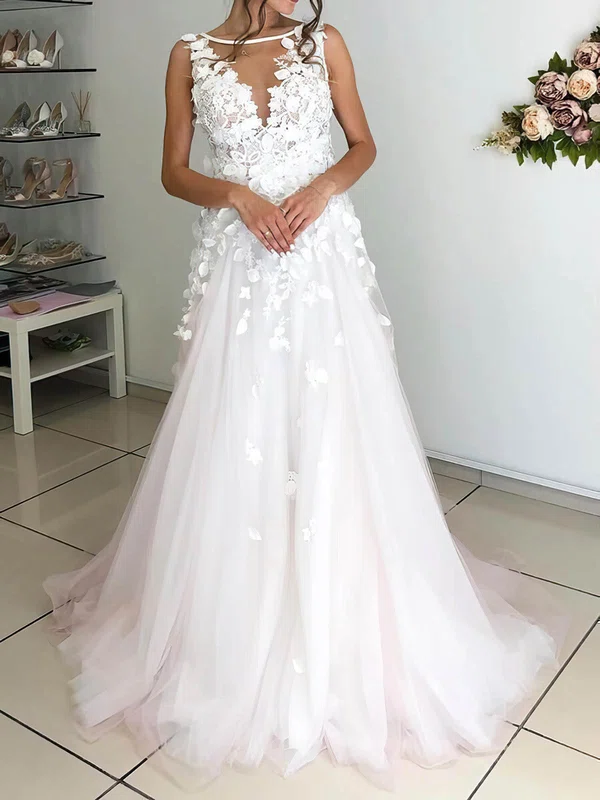 Ball Gown Illusion Tulle Sweep Train Wedding Dresses With Appliques Lace #UKM00024254