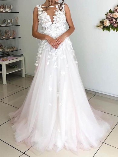 Ball Gown Illusion Tulle Sweep Train Wedding Dresses With Appliques Lace #UKM00024254