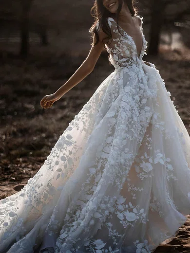 Ball Gown V neck Tulle Sweep Train Wedding Dresses With Appliques Lace MillyBridal