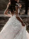 Tulle V-neck A-line Sweep Train Appliques Lace Wedding Dresses #UKM00024256