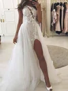 Tulle One Shoulder A-line Sweep Train Appliques Lace Wedding Dresses #UKM00024258