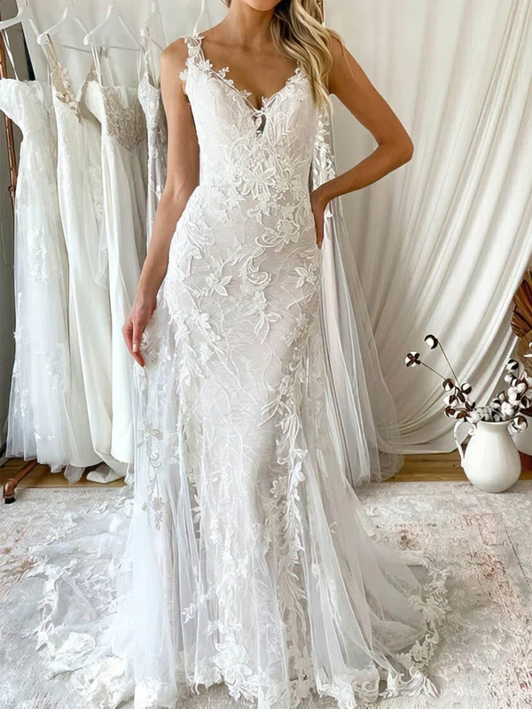 Trumpet/Mermaid V-neck Tulle Sweep Train Wedding Dresses With Appliques Lace #UKM00024260