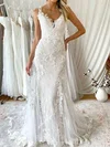 Trumpet/Mermaid V-neck Tulle Sweep Train Wedding Dresses With Appliques Lace #UKM00024260