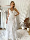 Trumpet/Mermaid V-neck Tulle Sweep Train Wedding Dresses With Appliques Lace #UKM00024260