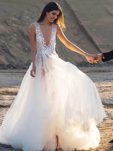 Tulle V-neck A-line Sweep Train Appliques Lace Wedding Dresses #UKM00024261