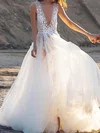 Ball Gown/Princess V-neck Tulle Sweep Train Wedding Dresses With Appliques Lace #UKM00024261