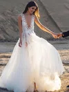 Ball Gown V-neck Tulle Sweep Train Wedding Dresses With Appliques Lace #UKM00024261