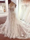 Ball Gown V-neck Tulle Court Train Wedding Dresses With Appliques Lace #UKM00024263