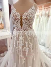 Tulle V-neck A-line Court Train Appliques Lace Wedding Dresses #UKM00024263