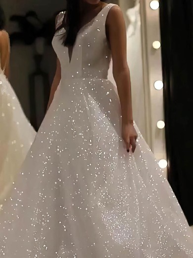 Ball Gown V-neck Glitter Sweep Train Wedding Dresses #UKM00024266