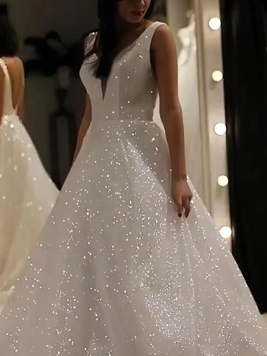 Ball Gown V-neck Glitter Sweep Train Wedding Dresses #UKM00024266