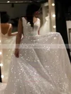 Glitter V-neck A-line Sweep Train Wedding Dresses #UKM00024266