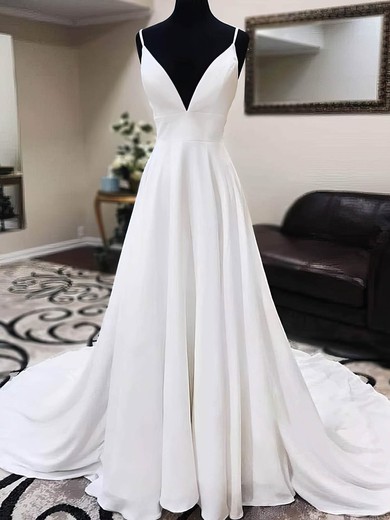 Chiffon V-neck Ball Gown Sweep Train Appliques Lace Wedding Dresses #UKM00024269