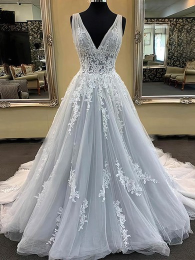 Tulle V-neck A-line Sweep Train Appliques Lace Wedding Dresses #UKM00024270