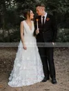 Tulle V-neck A-line Sweep Train Appliques Lace Wedding Dresses #UKM00024271