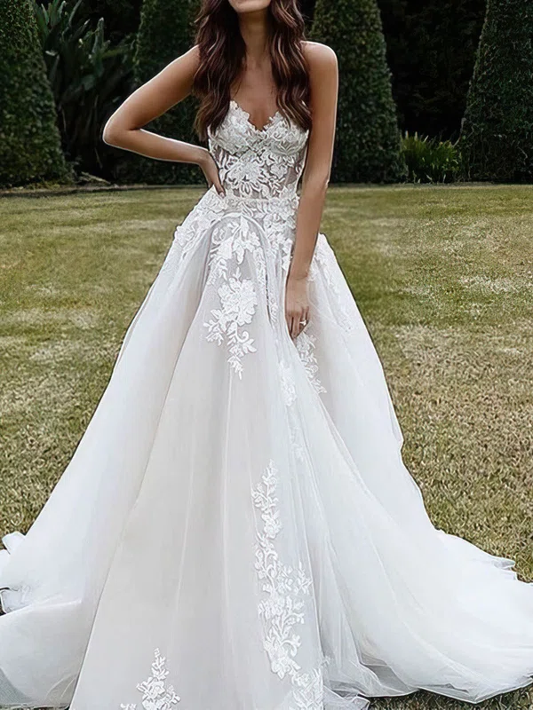 Ball Gown V-neck Tulle Sweep Train Wedding Dresses With Appliques Lace #UKM00024273