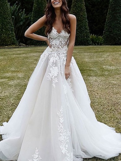 Ball Gown V-neck Tulle Sweep Train Wedding Dresses With Appliques Lace #UKM00024273