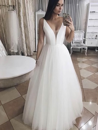 Tulle V-neck A-line Floor-length Wedding Dresses #UKM00024274