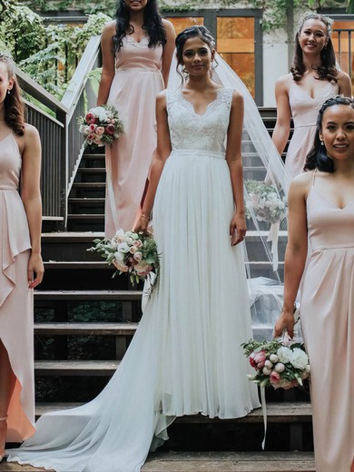Chiffon V-neck A-line Sweep Train Lace Wedding Dresses #UKM00024275