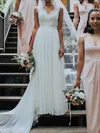 A-line V-neck Chiffon Sweep Train Wedding Dresses With Lace #UKM00024275