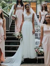 A-line V-neck Chiffon Sweep Train Wedding Dresses With Lace #UKM00024275