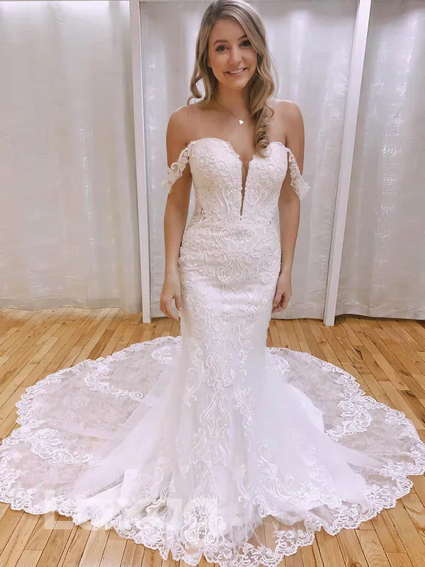 Trumpet/Mermaid Off-the-shoulder Tulle Sweep Train Wedding Dresses With Appliques Lace #UKM00024278