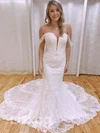 Tulle Off-the-shoulder Trumpet/Mermaid Sweep Train Appliques Lace Wedding Dresses #UKM00024278