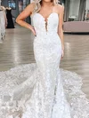 Trumpet/Mermaid V-neck Tulle Court Train Wedding Dresses With Appliques Lace #UKM00024279