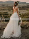 Tulle Scoop Neck A-line Sweep Train Appliques Lace Wedding Dresses #UKM00024282