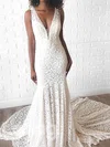 Trumpet/Mermaid V-neck Lace Sweep Train Wedding Dresses #UKM00024285