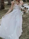 A-line Sweetheart Tulle Sweep Train Wedding Dresses With Appliques Lace #UKM00024286