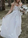 A-line Sweetheart Tulle Sweep Train Wedding Dresses With Appliques Lace #UKM00024286