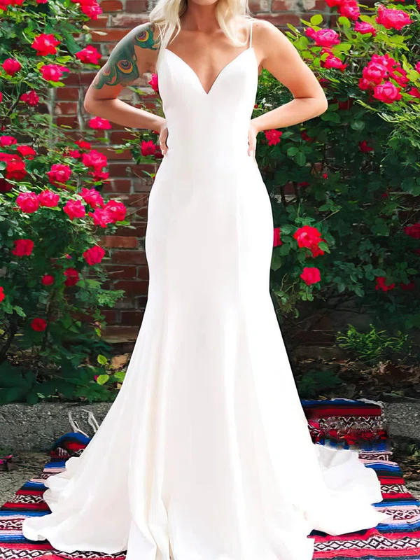 Trumpet/Mermaid V-neck Satin Court Train Wedding Dresses With Bow #UKM00024320