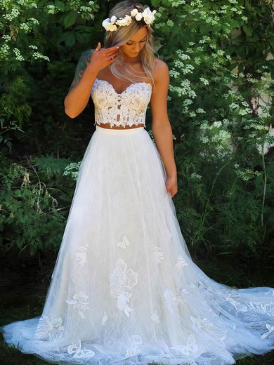 Ball Gown Sweetheart Tulle Sweep Train Wedding Dresses With Appliques Lace #UKM00024321