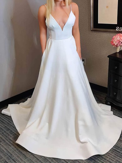 Ball Gown/Princess V-neck Satin Court Train Wedding Dresses With Pockets #UKM00024322