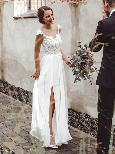 A-line Illusion Chiffon Floor-length Wedding Dresses With Split Front #UKM00024327