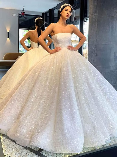 Glitter Strapless Ball Gown Sweep Train Wedding Dresses #UKM00024332