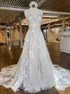 Tulle V-neck A-line Sweep Train Beading Wedding Dresses #UKM00024334