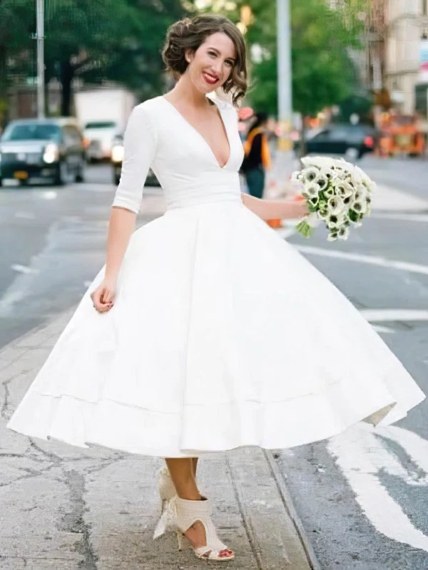 Satin V-neck Ball Gown Tea-length Wedding Dresses #UKM00024335