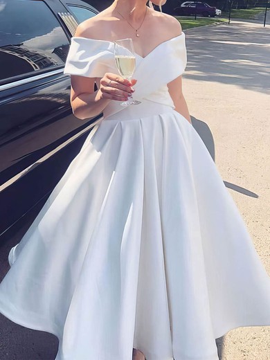 Ball Gown/Princess Off-the-shoulder Satin Tea-length Wedding Dresses #UKM00024337