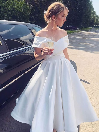 Satin Off-the-shoulder A-line Tea-length Wedding Dresses #UKM00024337